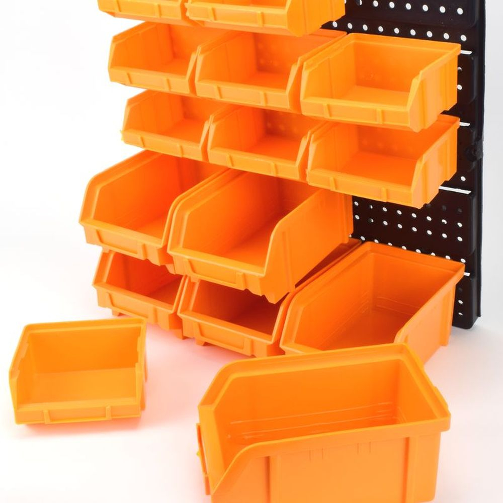 142 SET Lagersichtboxenwand Stapelboxen mit Montagewand Werkzeugwand Blau Orange 